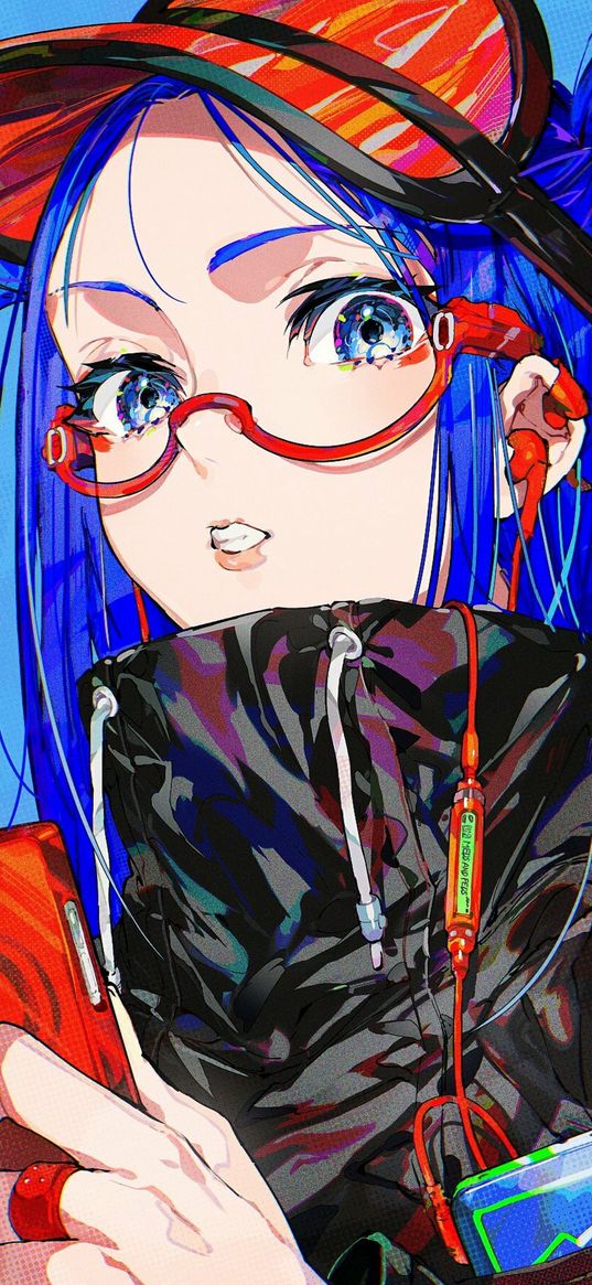 girl, blue eyes, blue hair, cap, smartphone, headphones, glasses, bright, anime, art