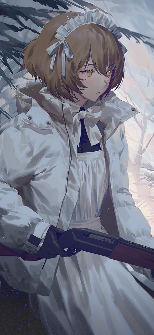 maid, girl, jacket, shotgun, forest, winter, anime, art