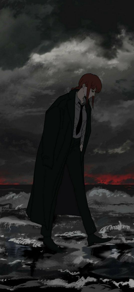 girl, redhead, coat, tie, sea, clouds, cloudy, sunset, anime, art