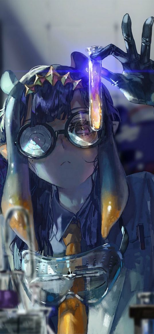 girl, scientist, glasses, laboratory, test tube, chemistry, anime, art