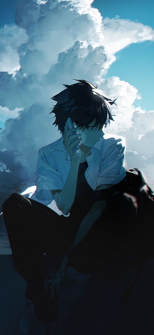 guy, smartphone, shirt, clouds, sky, sad, lonely, anime, art