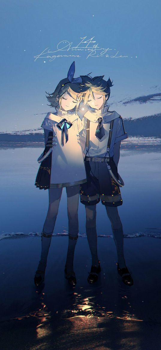 girl, guy, couple, glow, lake, calm, anime, art