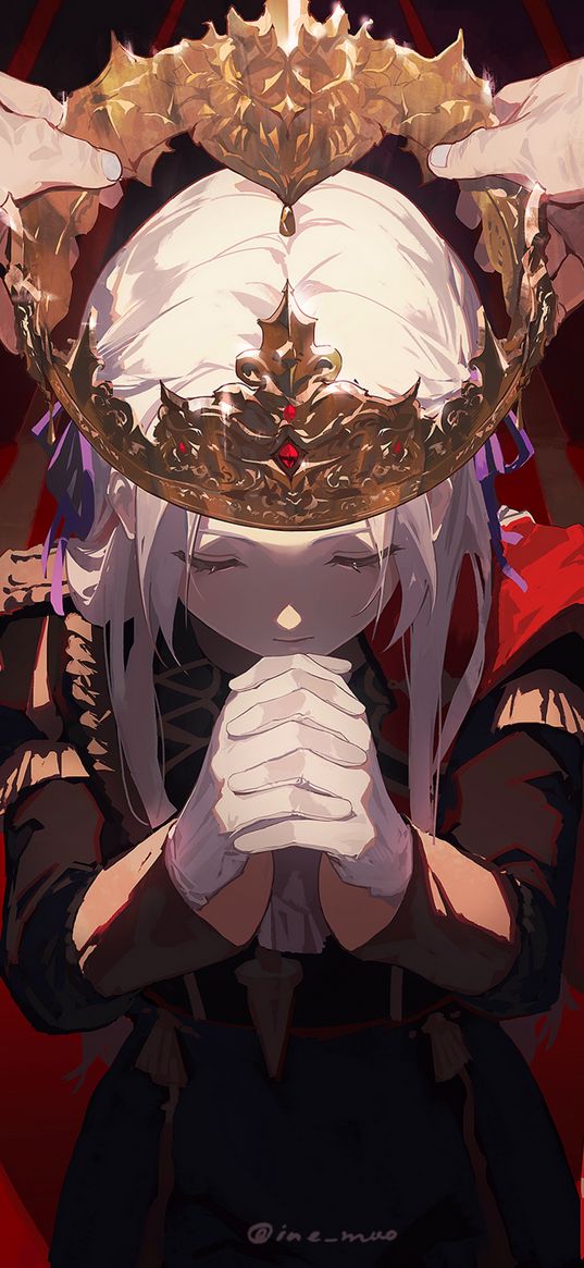 girl, prayer, crown, anime, art