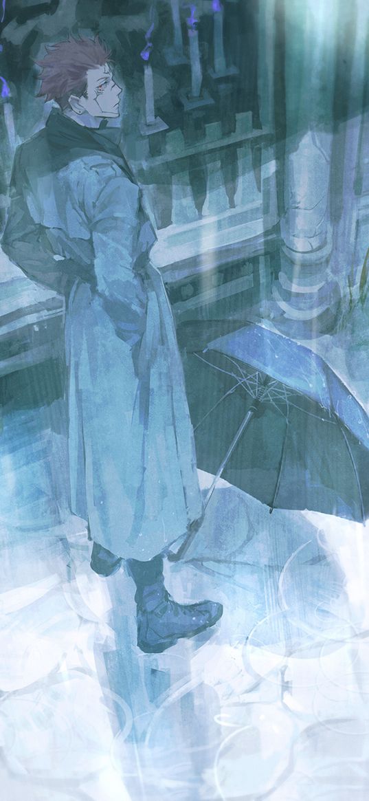 remen sukuna, jujutsu kaisen, anime, guy, umbrella, raincoat, candles, rain, tattoo, art