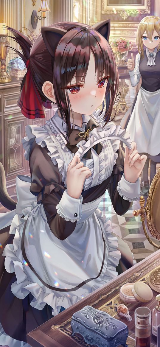 maids, neko, brunette, blonde, ears, headband, mirror, palace, anime, art