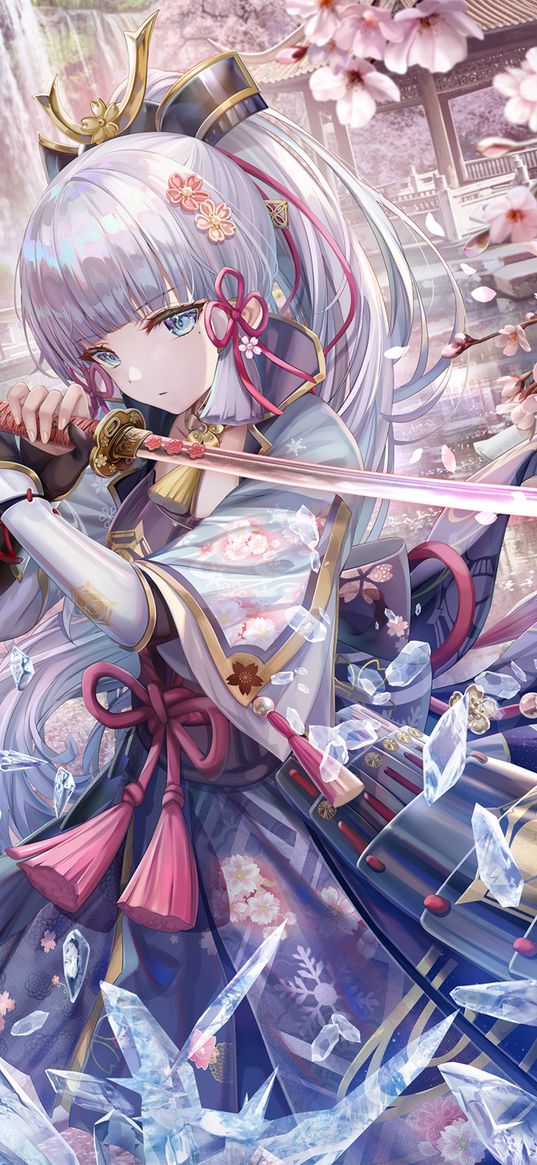 girl, kimono, katana, shards, sakura, japan, anime, art