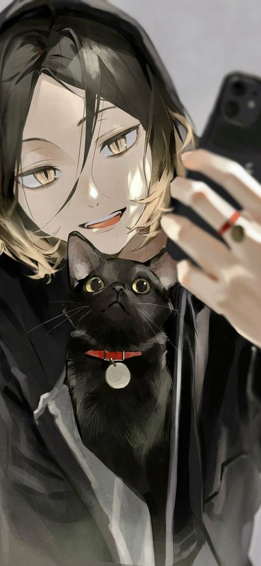 guy, cat, smartphone, selfie, anime, art