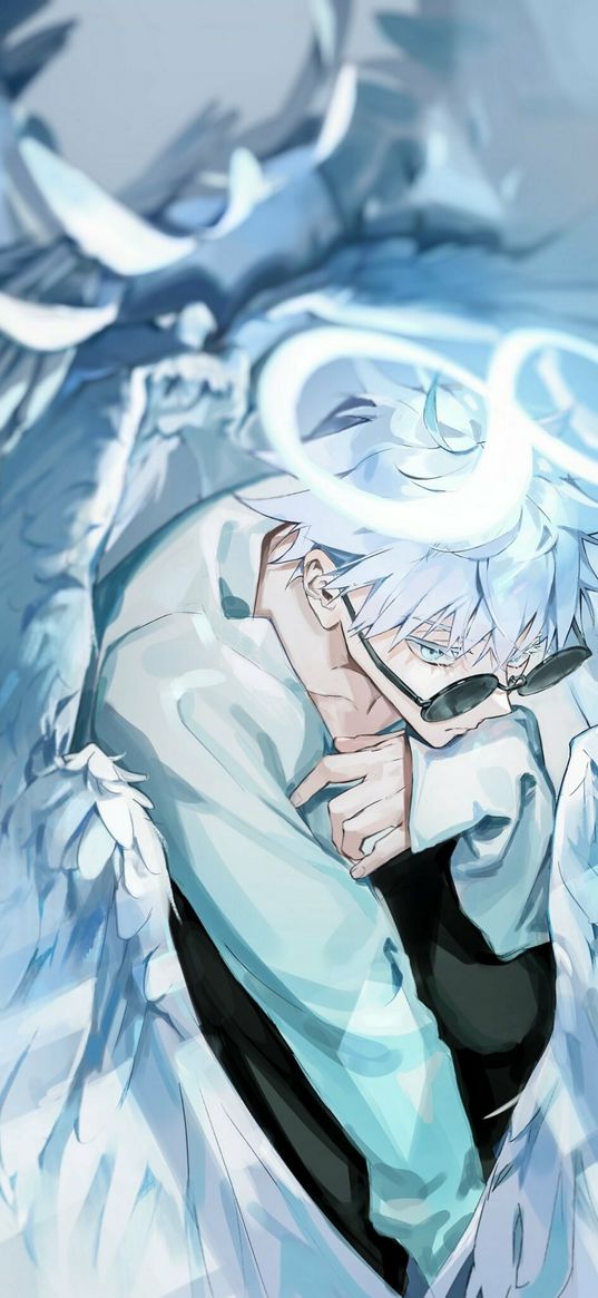 angel, guy, halo, glasses, wings, sad, lonely, sitting, anime, art