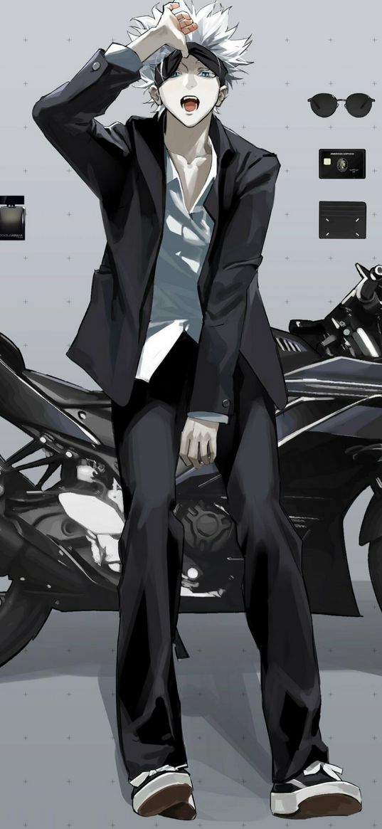 guy, business suit, headband, grimaces, bike, motorcycle, anime, art