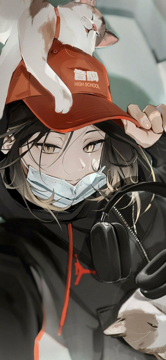 girl, cats, cap, headphones, mask, hoodie, anime, art