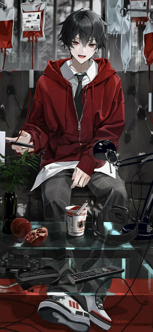 shintaro kisaragi, guy, vampire, red eyes, fangs, dropper, table, mess, apartment, anime, art