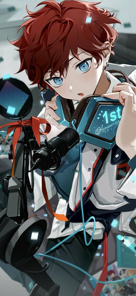 guy, redhead, headphones, microphone, surprised, anime, art