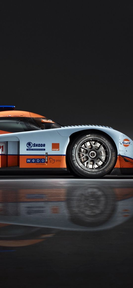 aston martin, lmp1, 2009, white, orange, side view, sport, auto