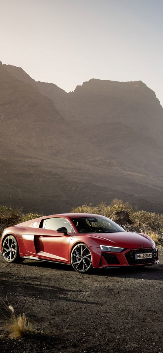 audi r8, audi, sports car, car, red, mountains, desert, nature