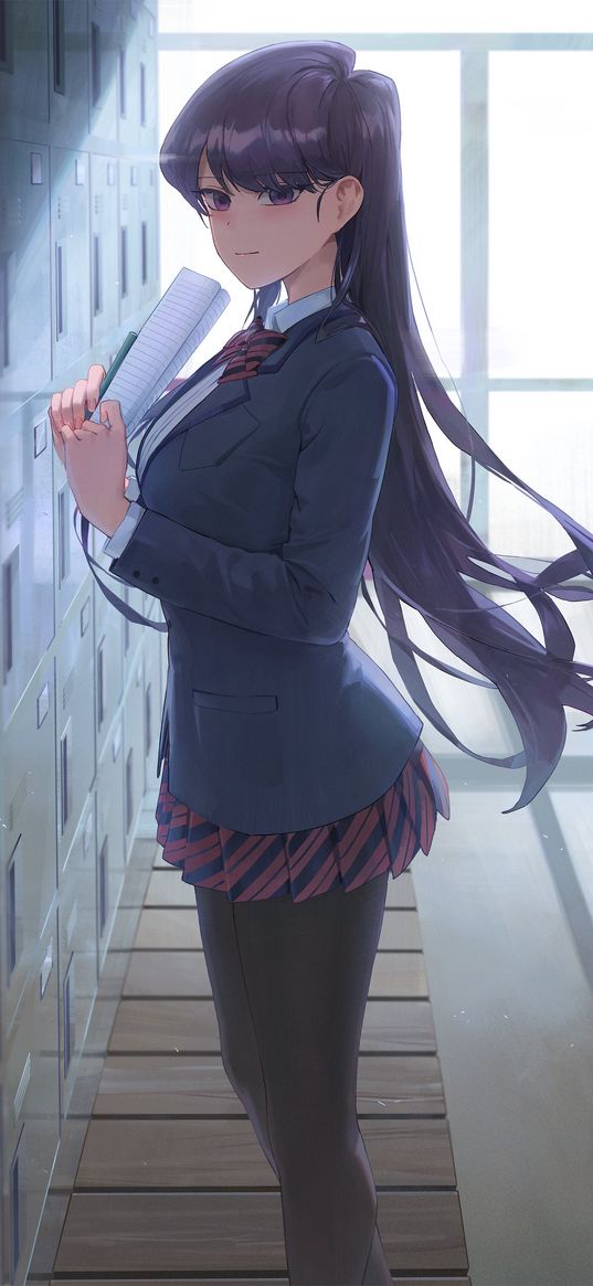 komi shouko, komi-san wa, comyushou desu, anime, girl, schoolgirl, school uniform, notebook, boxes, art