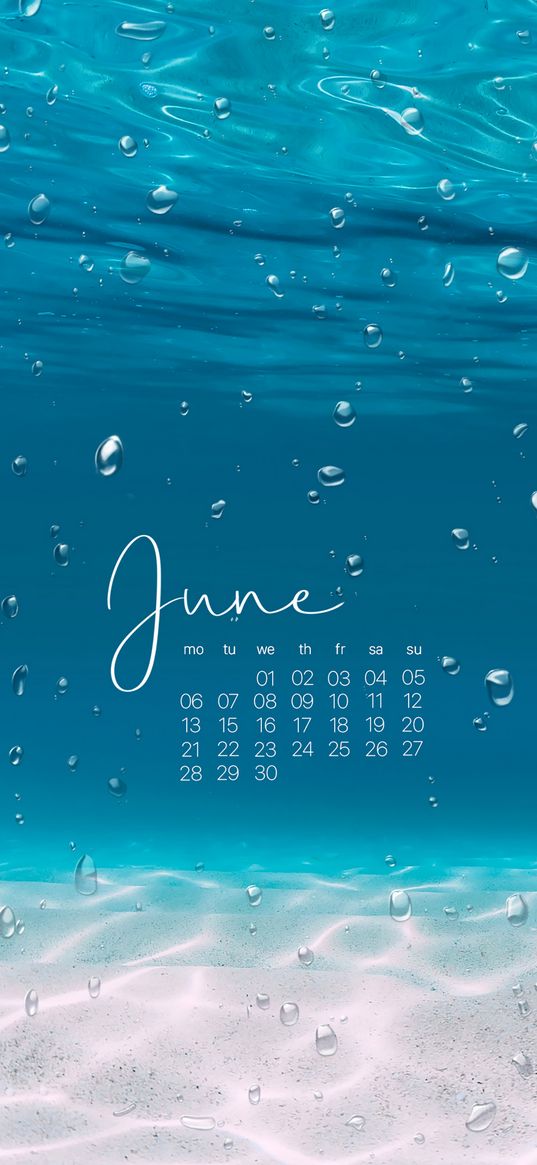 june, calendar, summer, water, sea, sand, bubbles