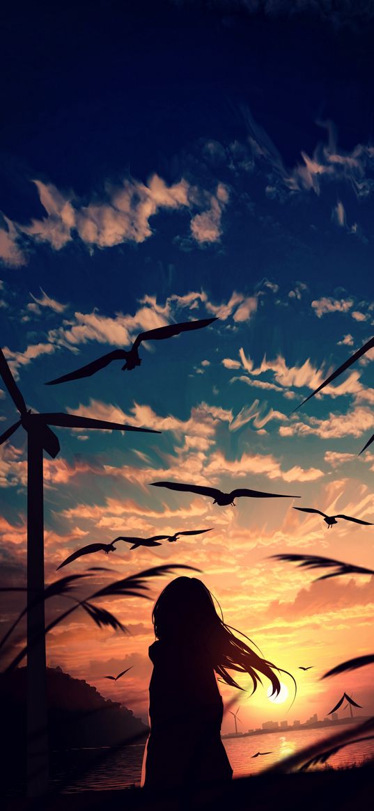 girl, anime, art, sunset, sky, clouds, birds, windmills