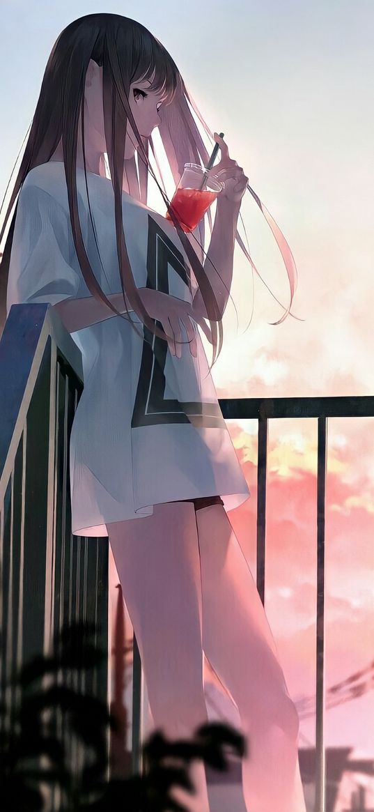 girl, skinny, t-shirt, drink, fence, sunset, anime, art