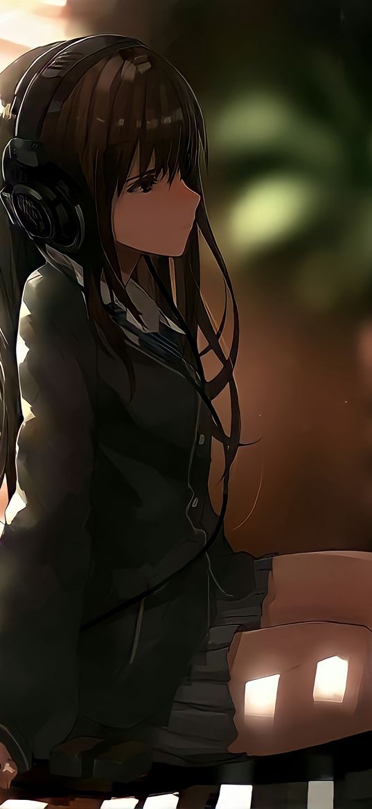 girl, school uniform, headphones, sad, lonely, window, rays, anime, art