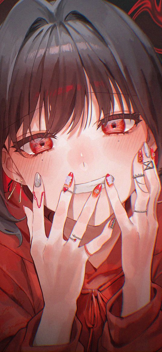 girl, red eyes, manicure, madness, hoodie, red, anime, art