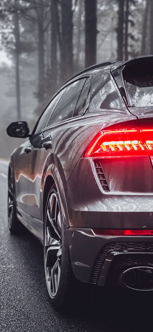 audi rs q8, audi, car, gray, road, forest, fog