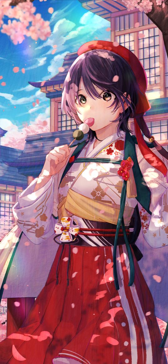 girl, kimono, sakura, sweets, surprise, funny, japan, anime, art