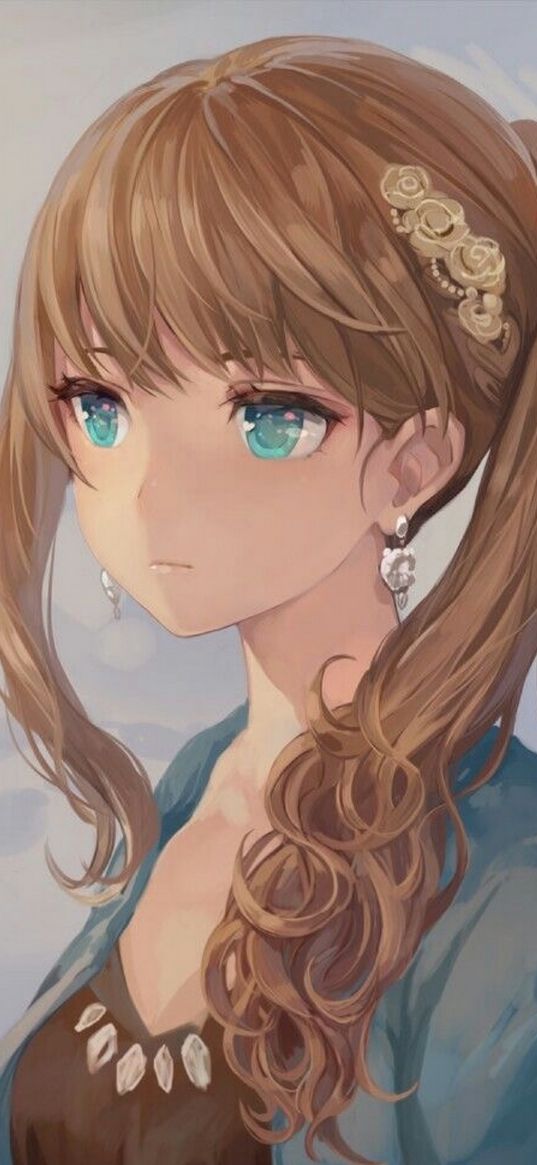 girl, green eyes, earrings, beautiful, cute, anime, art