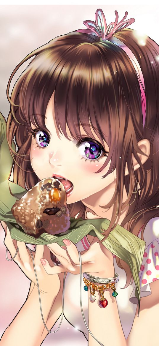 girl, purple eyes, eats, bracelet, cute, beautiful, anime, art