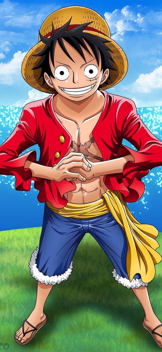 luffy, one piece, anime, guy, hat, sea, art