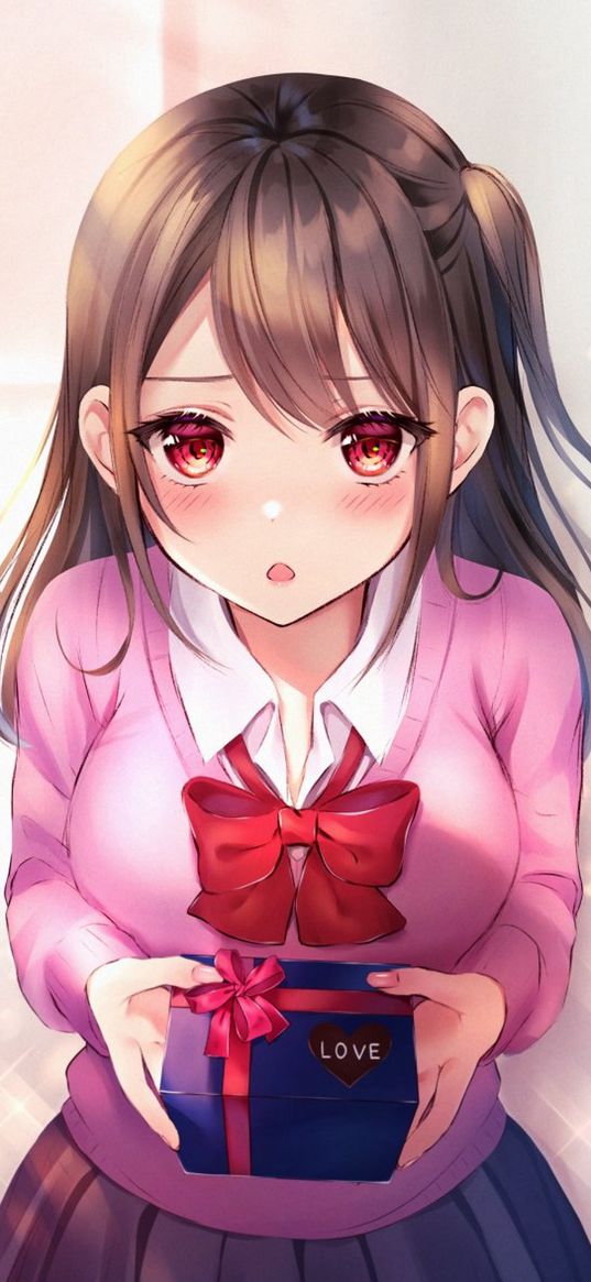 girl, pink sweater, bow, gift, surprise, embarrassment, beautiful, anime, art