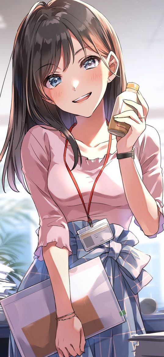 girl, folder, badge, jar, office, smile, beautiful, anime, art