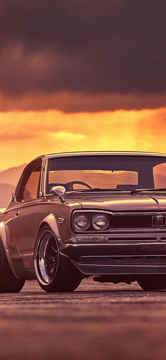 nissan skyline 1971, nissan, car, brown, sunset