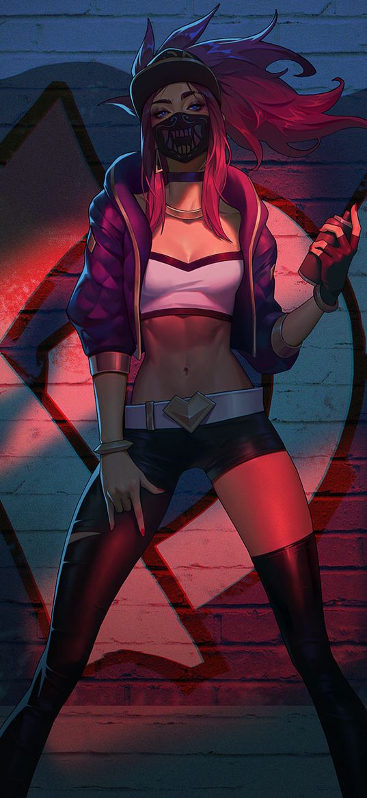 akali, kda, league of legends, anime, girl, game, art, mask, spray can, graffiti