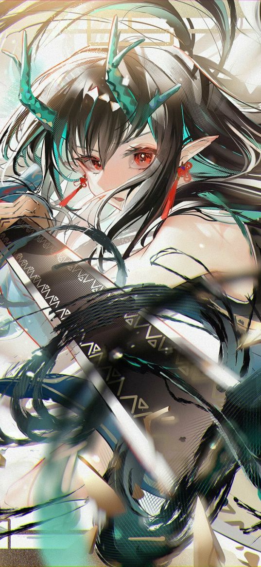 girl, anime, art, sword, magic, whirlwind