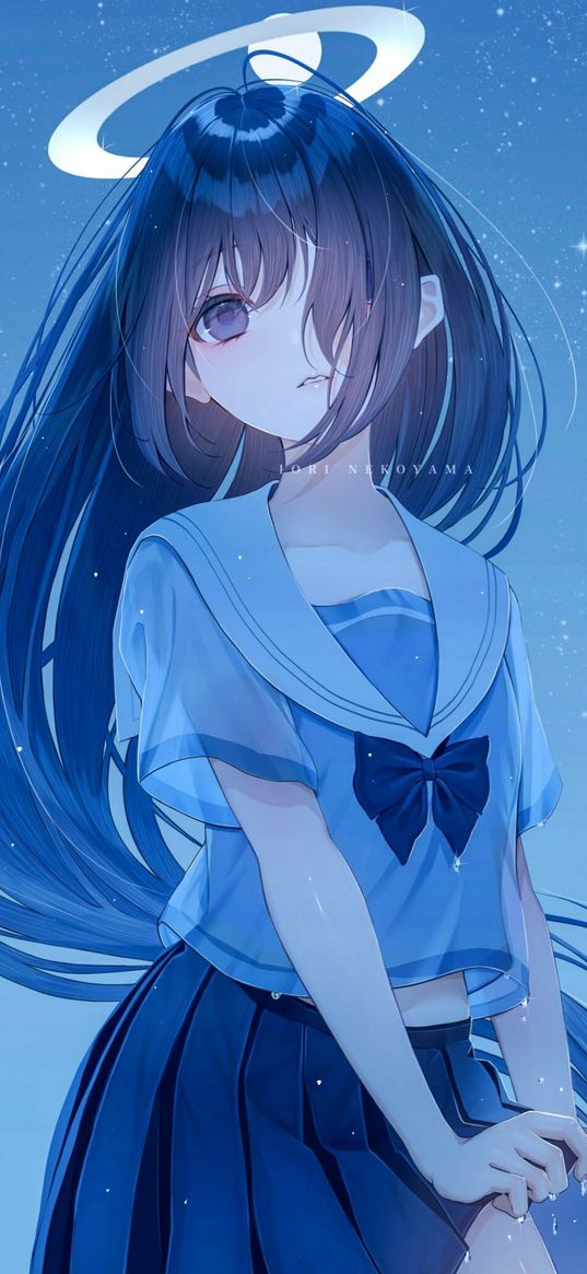 girl, anime, art, school uniform, halo, night, starry sky