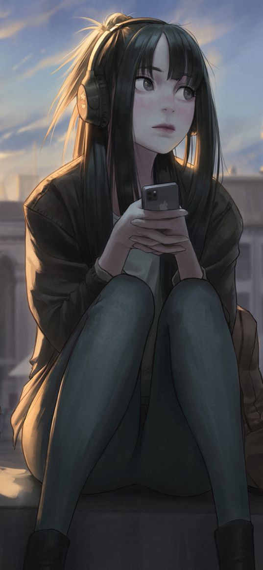 brunette, girl, smartphone, headphones, coffee, lonely, sad, church, sitting, anime, art