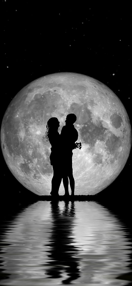 couple, moon, silhouette, reflection, stars, night, love, romance