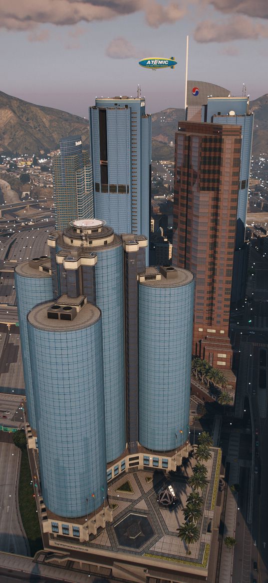 gta, game, skyscrapers, buildings, streets, airship, mountains, city, art