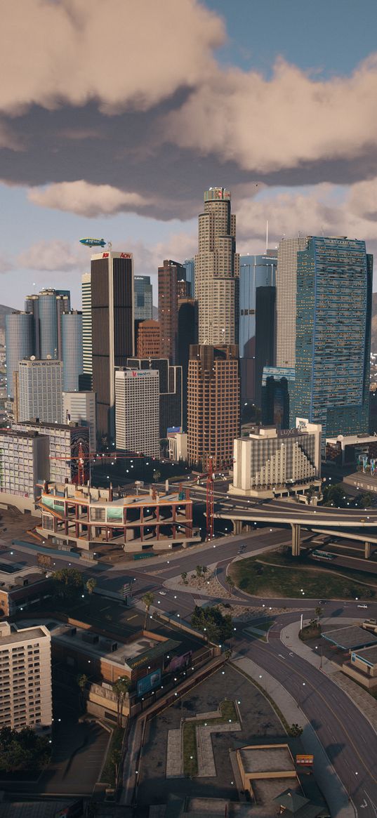 gta, game, skyscrapers, buildings, streets, road, airship, mountains, city, art