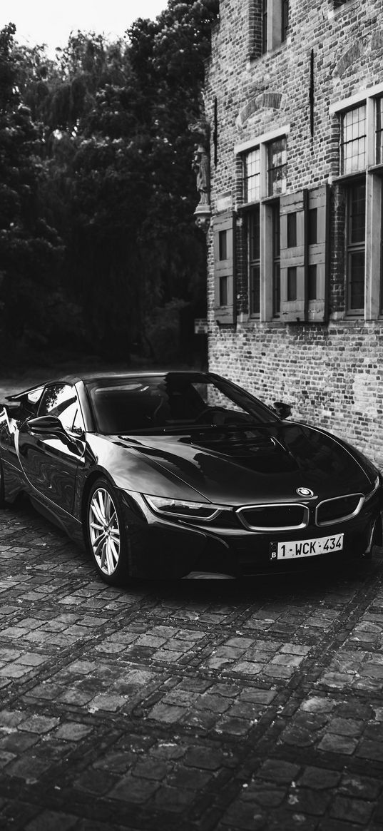 bmw i8, bmw, sports car, car, black, house, black and white