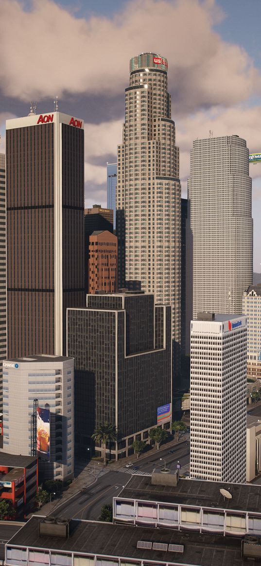 gta, game, skyscrapers, buildings, streets, road, airship, mountains, city, clouds, art