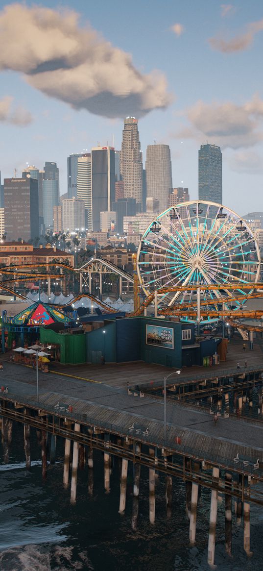 gta, game, skyscrapers, ferris wheel, lunapark, buildings, streets, sea, mountains, city, clouds, art