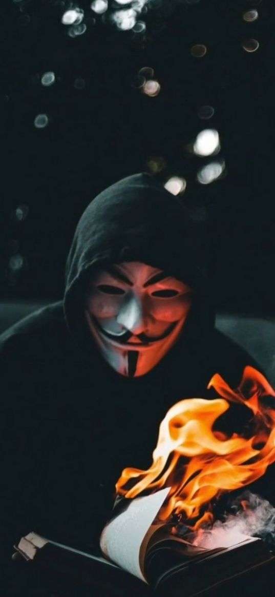 guy fawkes mask, anonymous, hacker, hood, book, burning, fire