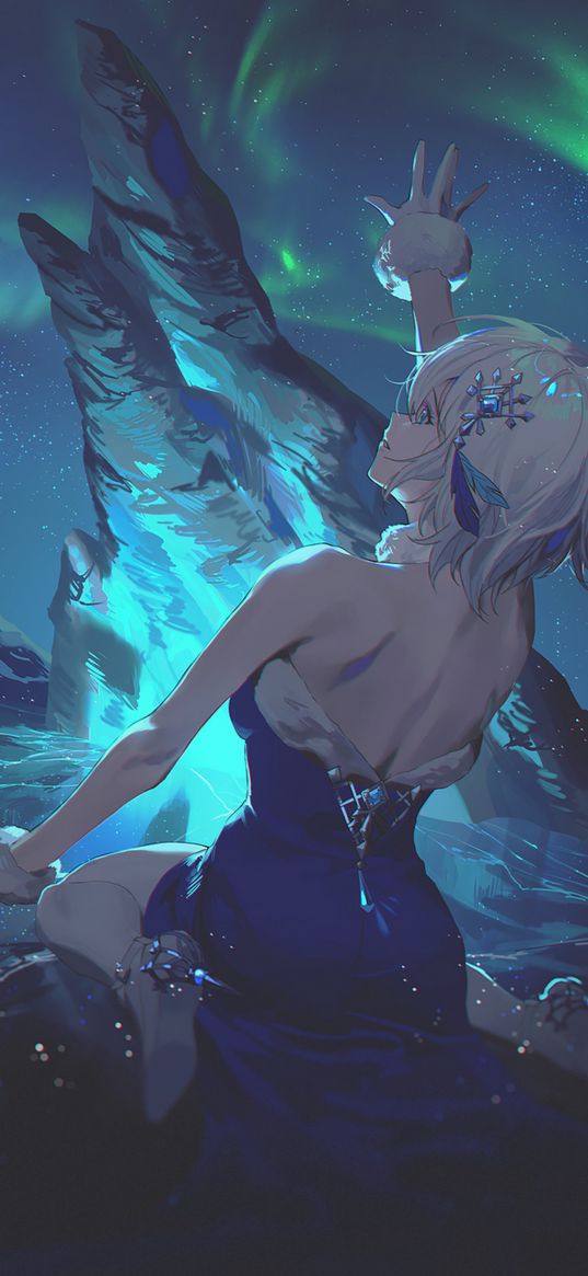 girl, dress, ice, block, northern lights, stretches, cold, glow, anime, art