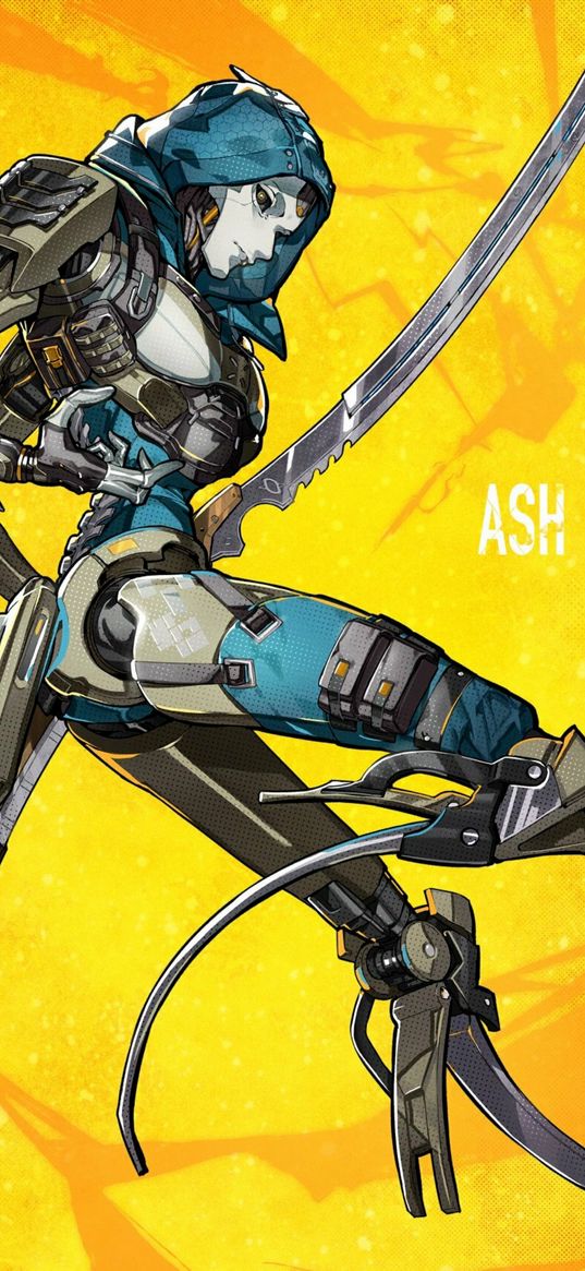 ash, apex legends, game, robot, cyborg, katana, hood, yellow background, art