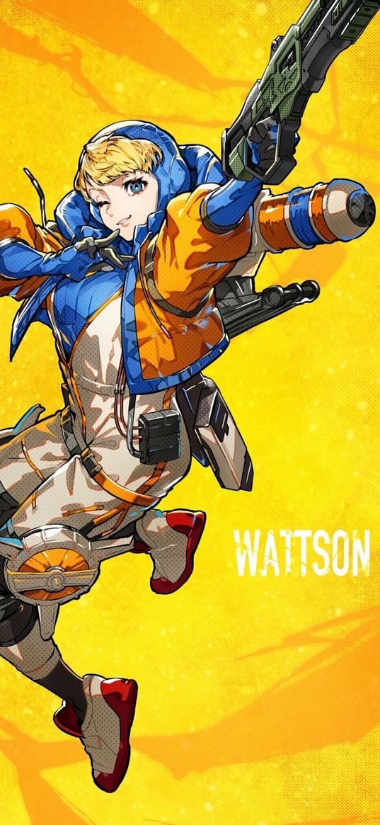 wattson, apex legends, game, girl, shotgun, yellow background, art