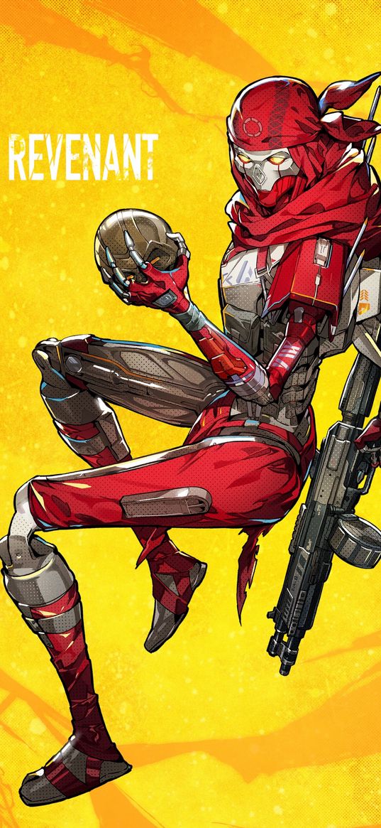 revenant, apex legends, game, robot, cyborg, shotgun, bandana, skull, red, yellow background, art