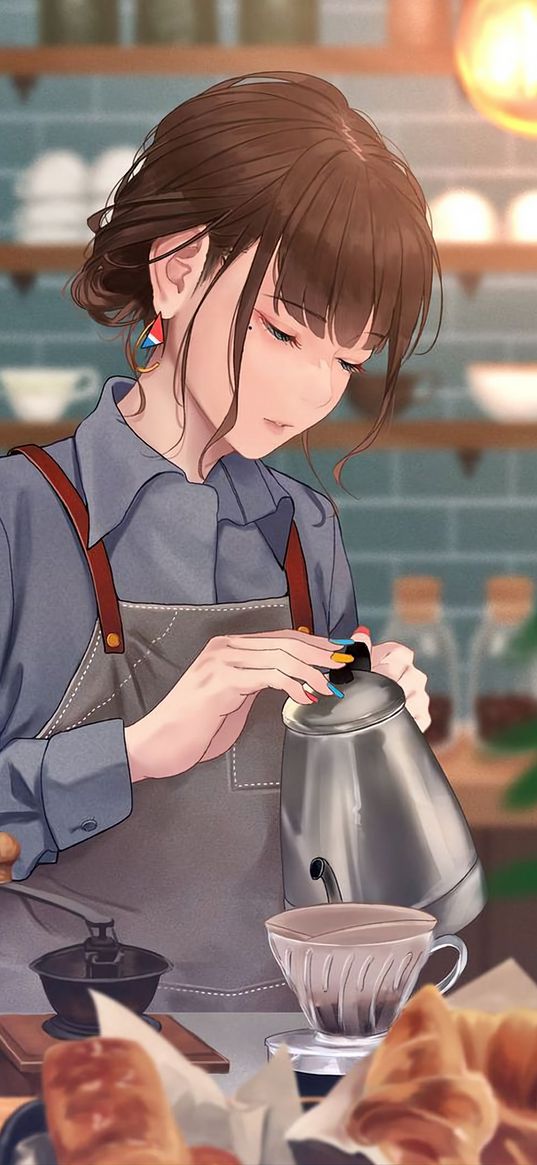 girl, coffee, baking, coffee shop, cooking, cute, anime, art