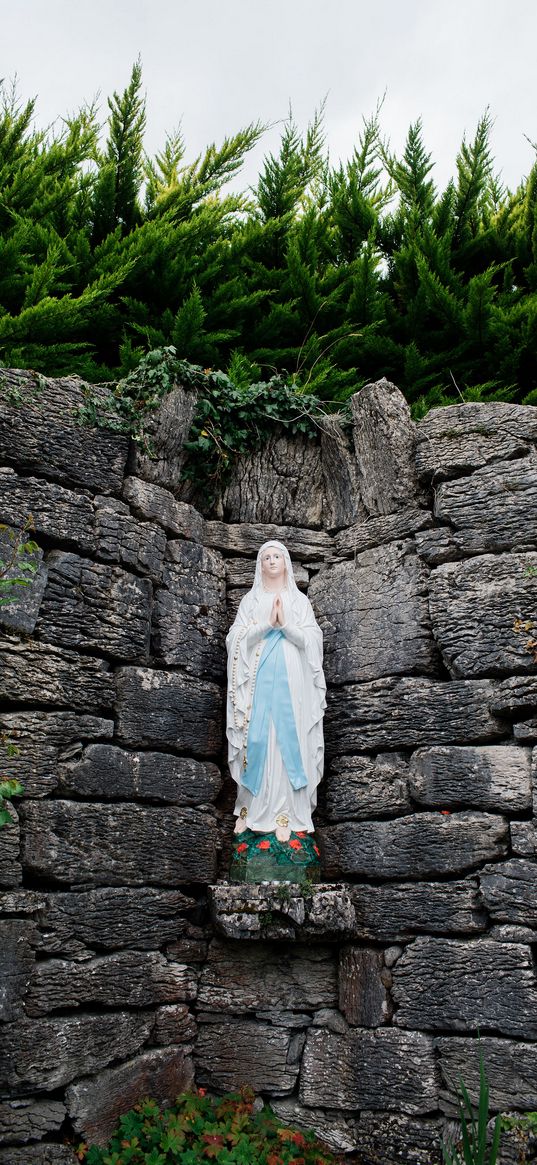 virgin mary, statuette, wall, stones, plants, religion