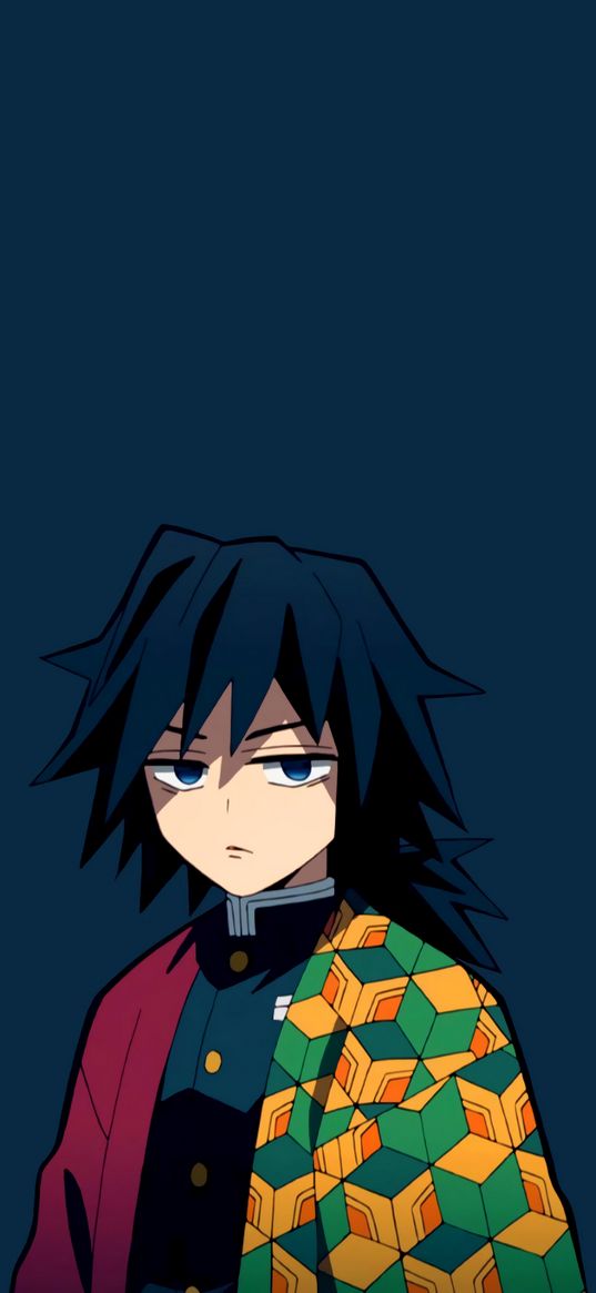 giyu tomioka, demon slayer, anime, guy, warrior, sad, tired, blue background, art